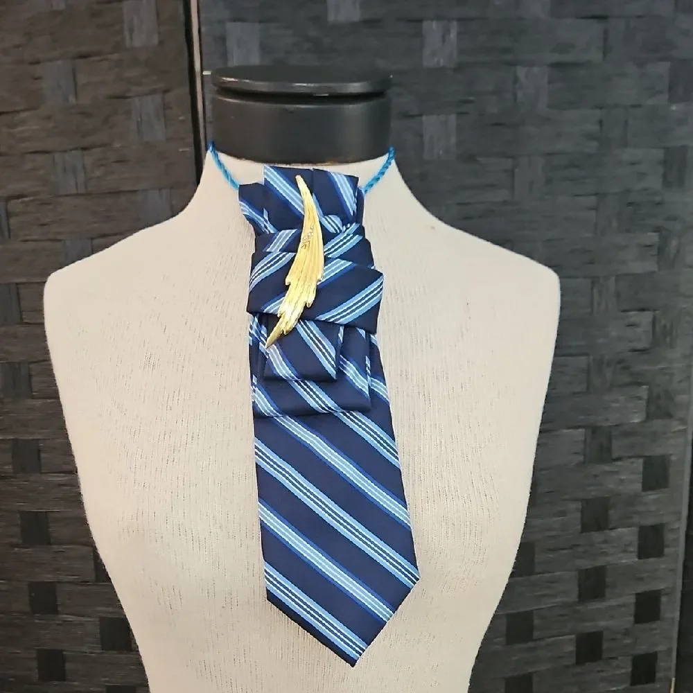 Elegant Blue Striped Statement Necklace Tie with Gold Accent